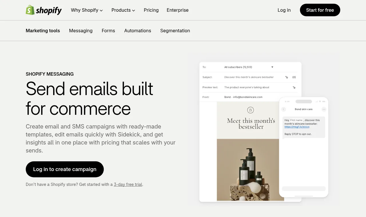 Shopify Messaging official homepage screenshot