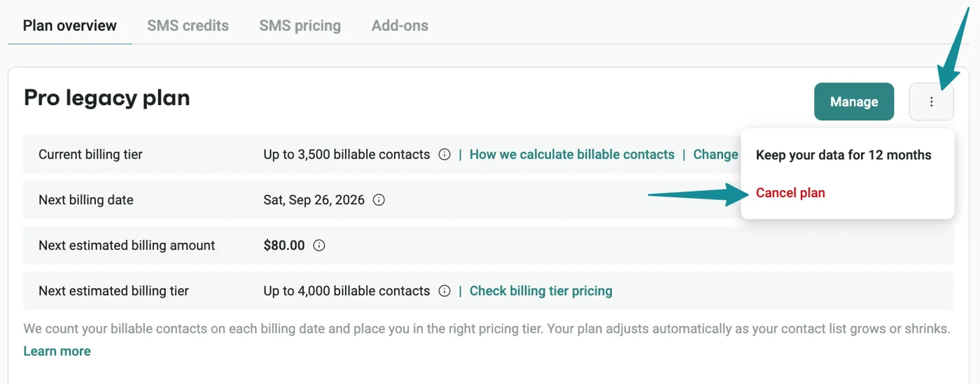 Omnisend three dot menu with the Cancel plan option highlighted