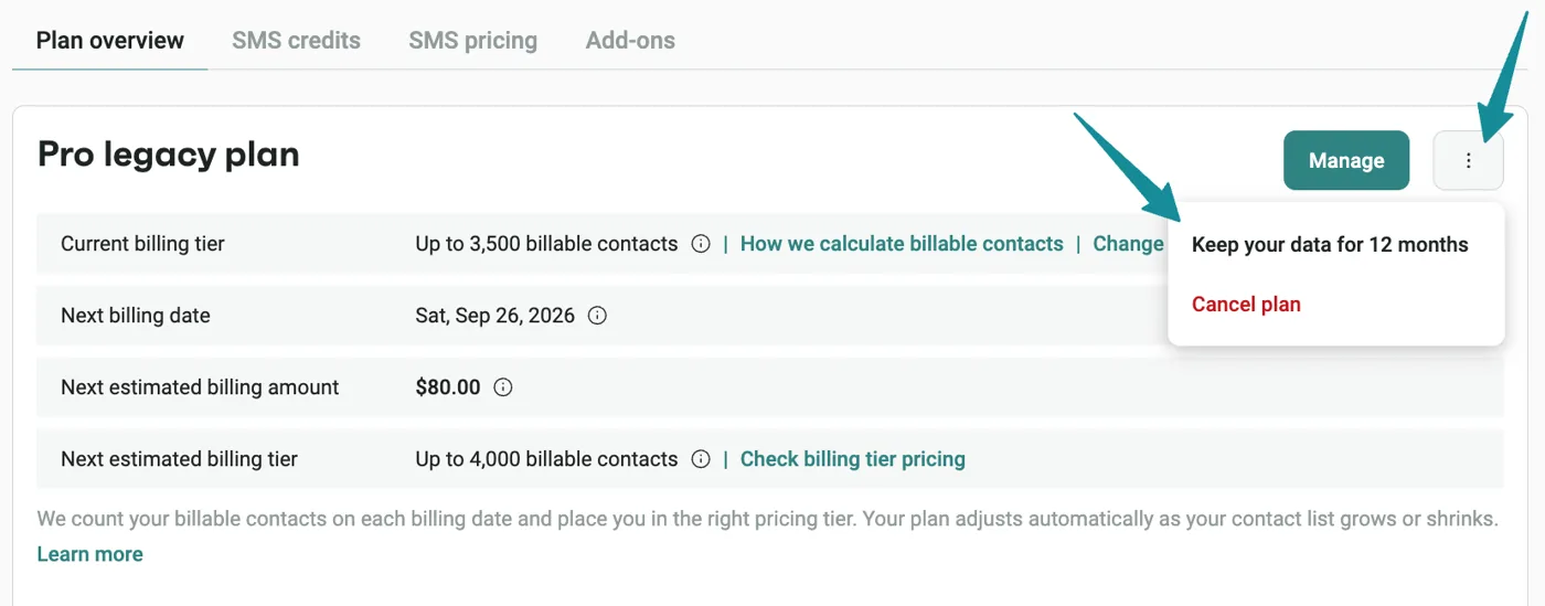 Omnisend menu showing the Keep your data for 12 months freeze option