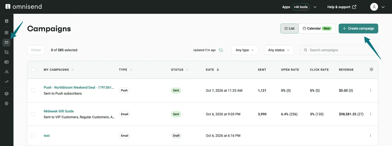 Omnisend campaigns dashboard with the create campaign button (Omnisend help center screenshot) Omnisend campaigns dashboard with the create campaign button (Omnisend help center screenshot)