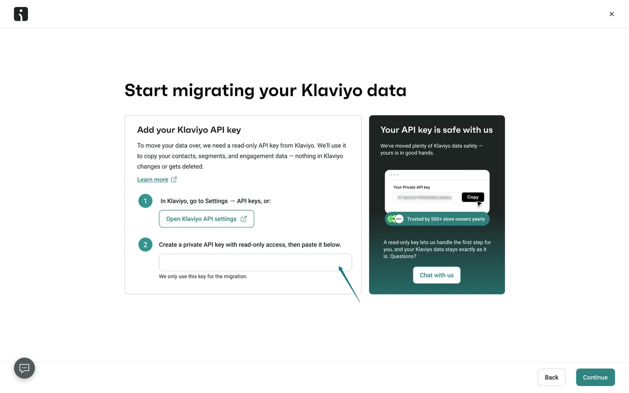 Omnisend screen for migrating Klaviyo data (Omnisend help center screenshot)