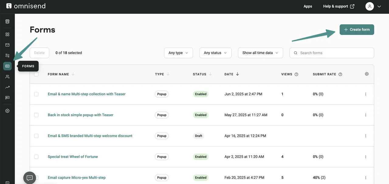 Omnisend forms dashboard for creating a popup signup form (Omnisend help center screenshot) Omnisend forms dashboard for creating a popup signup form (Omnisend help center screenshot)