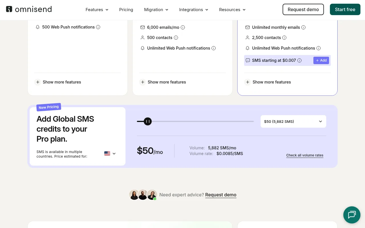 The SMS credits widget on the Omnisend pricing page Omnisend pricing page widget to add global SMS credits to the Pro plan showing $50 for 5,882 SMS at $0.0085 each
