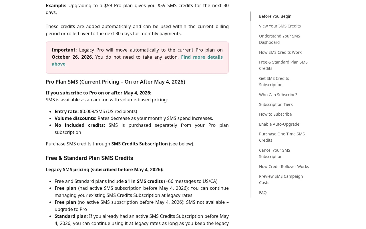 Current Pro SMS pricing in the Omnisend help article Omnisend help article section on Pro plan SMS under current pricing with the $0.009 entry rate for US recipients