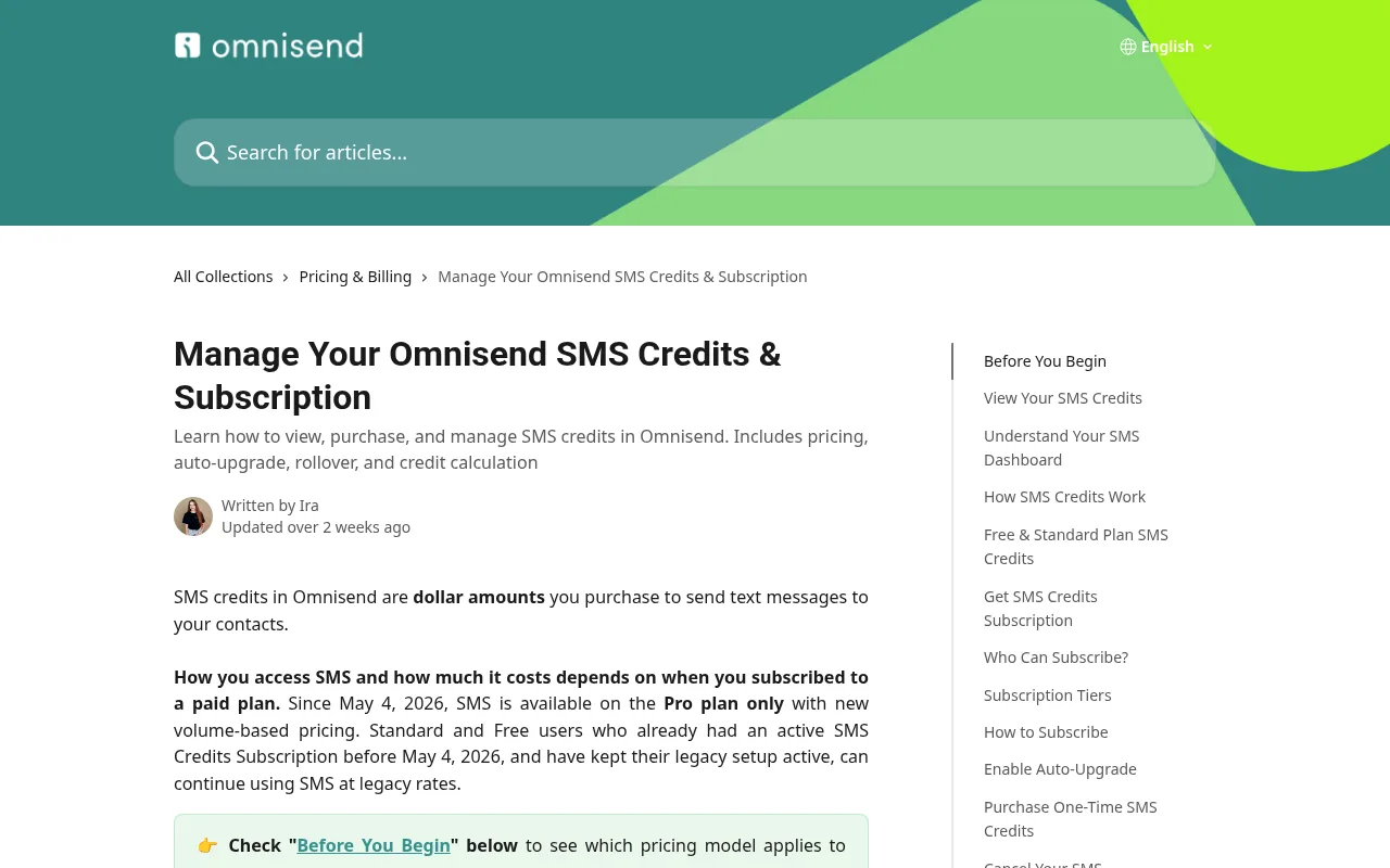 The Omnisend help article on SMS credits Omnisend help article titled Manage Your Omnisend SMS Credits and Subscription explaining SMS is Pro only since May 4, 2026